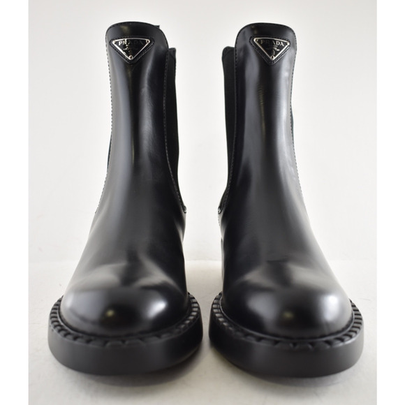 Prada Chocolate Brushed Leather Black Pull On Chelsea Ankle Mid Calf Boot 38.5 - Picture 8 of 16